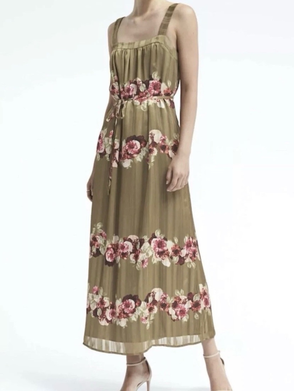 Banana Republic Olive Maxi Dress with Pink Floral Bands
